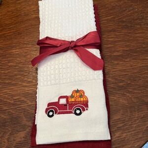 NWT~2 Different Embroidered Autumn Kitchen Towels - 14 x 24 Pumpkins - Truck